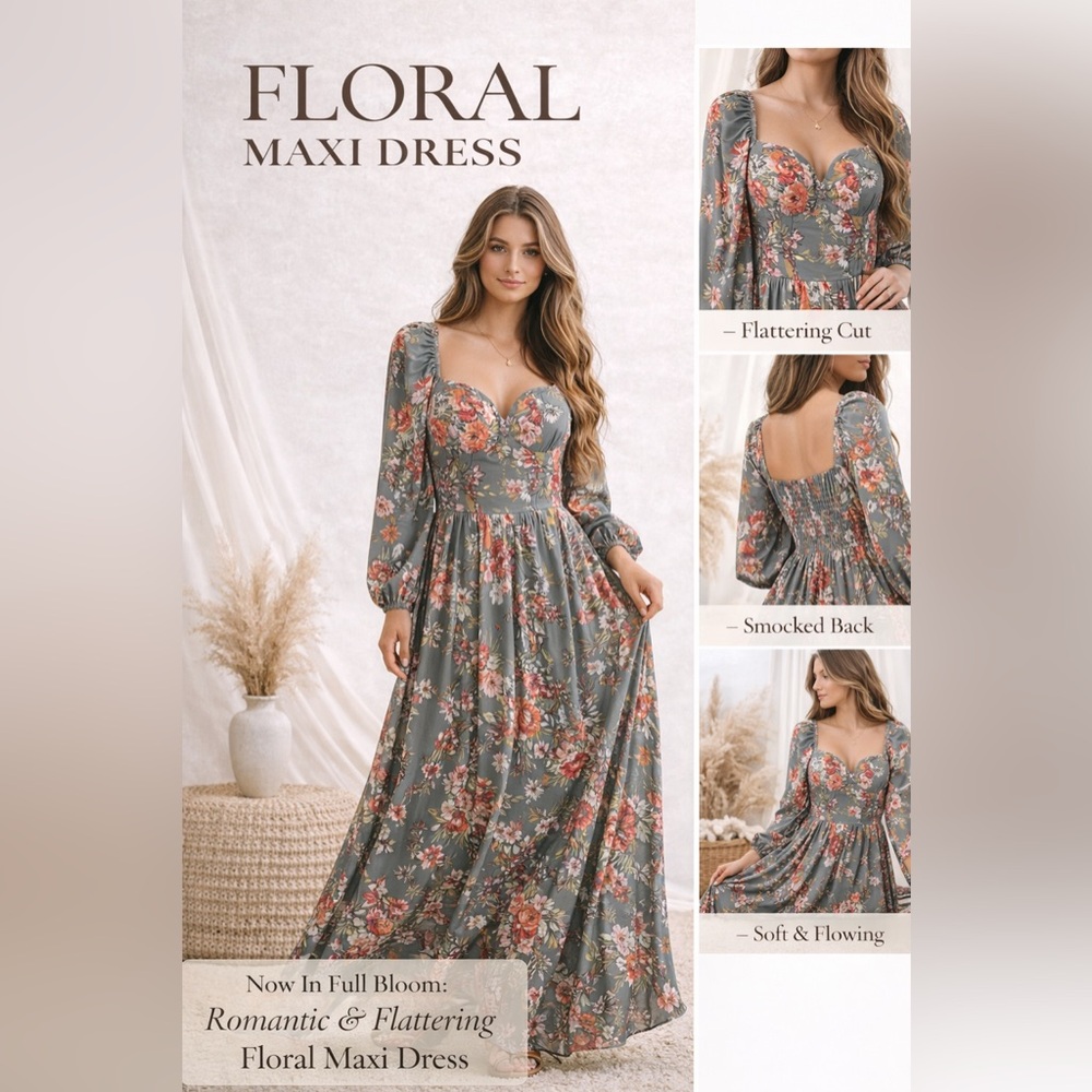 Floral Puff-Sleeve Midi Dress in Sage Green